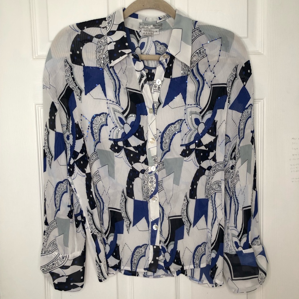 Alberto Makali Pleated Floral Sequin Button Down